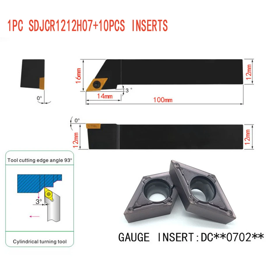 

10pcs DCMT070204 Carbide Insert + 1pcs SDJCR1212H07 12mm Boring Bar Tool Holder + 1pcs Wrench For Lathe Turning Tool CNC Holder