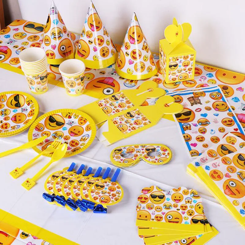 

AVEBIEN Funny Face Emoticon Child Birthday Party Theme Disposable Cutlery Set Tablecloth Paper Cup Tray Gift Bag Party Supplies