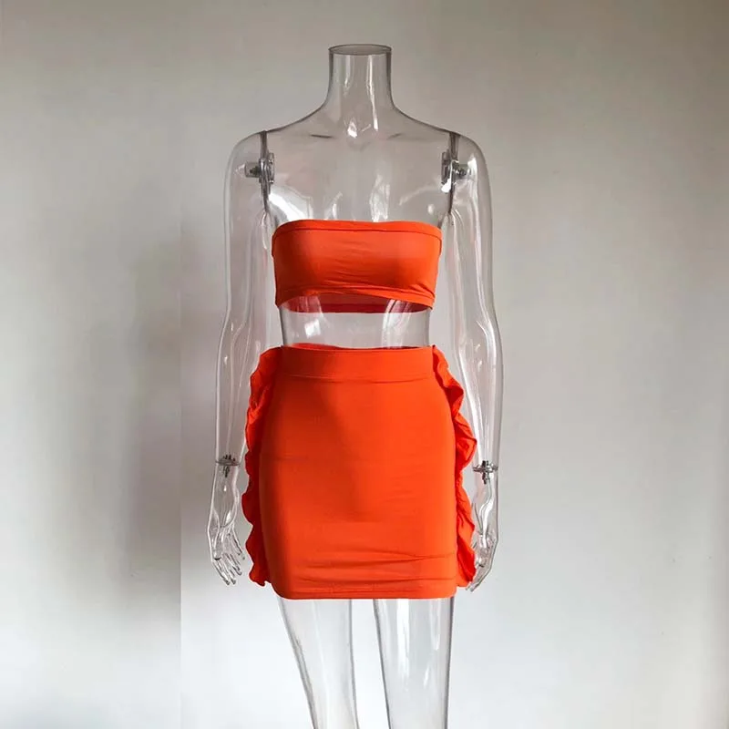 Beyprern сексуальный неоновый оранжевый Холтер Cris Cross мини-юбка комплект из двух предметов женский эластичный укороченный топ и юбка с оборками - Цвет: As Picture