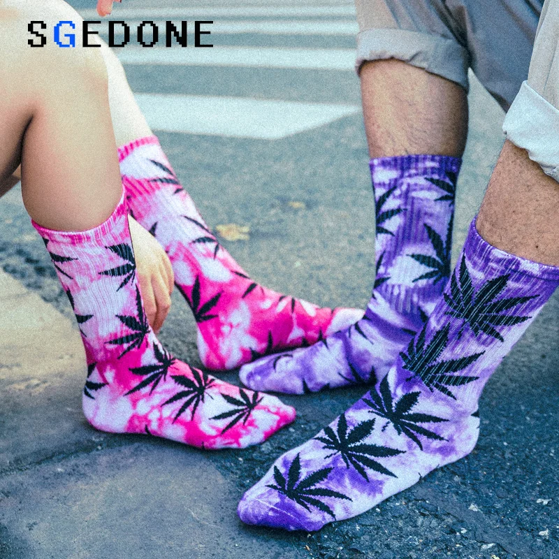 High-quality Tie-dyed Maple Leaf Socks Long Fashion Weed Socks Men Skateboard Hiphop Socks Meias Women Couple Cotton Socks 1Pair