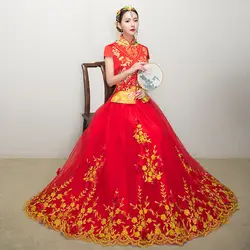 Ретро Для женщин Винтаж красное платье невесты Китайская традиционная свадьба Cheongsam Длинные Qipao платья халат Восточный Стиль Chinois Femme