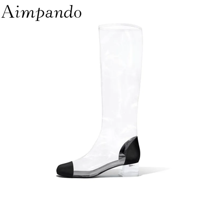 

Transparent Over The Knee Boots Crystal Heel Round Toe Rain Botas Mujer FashionSummer PVC Long Booties