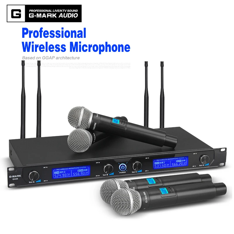 G-MARK Wireless Microphone System G440 Professional 50 Meters Four Channel UHF Dynamic Pro 4 Handheld Mic Karaoke Party Stage