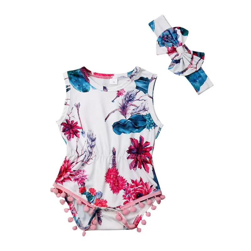 

Casual Summer Baby Girl Cotton Flowers Sets Floral Sleeveless Tassels Vest Romper+Headband 2Pcs Newborn Clothes Outfits 0-24M