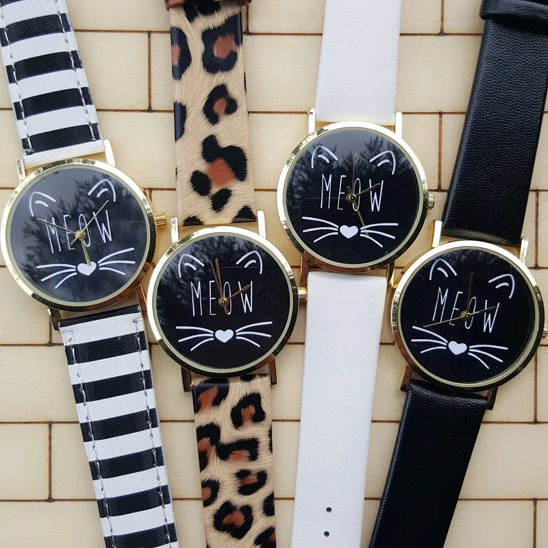 

Lovely Cat Watch 2016 New MEOW Cat Face Shape Balck Dial Leather Band Watch, Personality Zebra Stripe And Leopard Women Watch