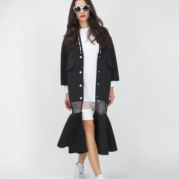 [TWOTWINSTYLE] уличная одежда длинное пальто для женщин ветровка Осень v-образный вырез рыбий хвост подол Прозрачная сетка Мода - Цвет: BLACK