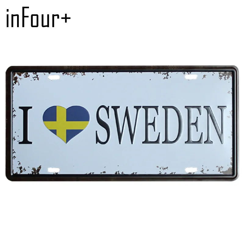[inFour+] I Love SWEDEN Plate Metal Plate Car Number Tin Sign Bar Pub