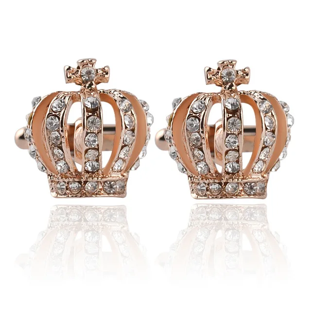 

Full Rhinestones Crown Shirt Gold Silver King Queen Wedding Groom Tuxedo Jewelry Fashion Classic French Crystal Mens Cufflinks