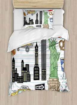 

Doodle Duvet Cover Set New York City Manhattan Statue of Liberty The Big Apple Hot Dog Stand Sketch Style 4 Piece Bedding Set