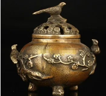 

YM 308 China Vintage Collectible Old Hand Plum Blossom Magpie Decorative Brass Censer