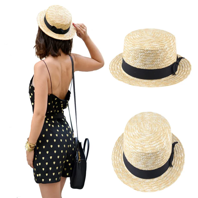 

Women Lady Boater Summer Sun hat Beach Ribbon Round Flat Top Beige Straw Fedora Panama Hat Good Package 20
