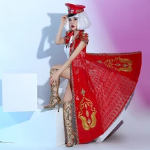 novelty female singer costume red rivet lace long jacket coat cloak fashion windbreaker lead dance prom nightclub bar stage wear
