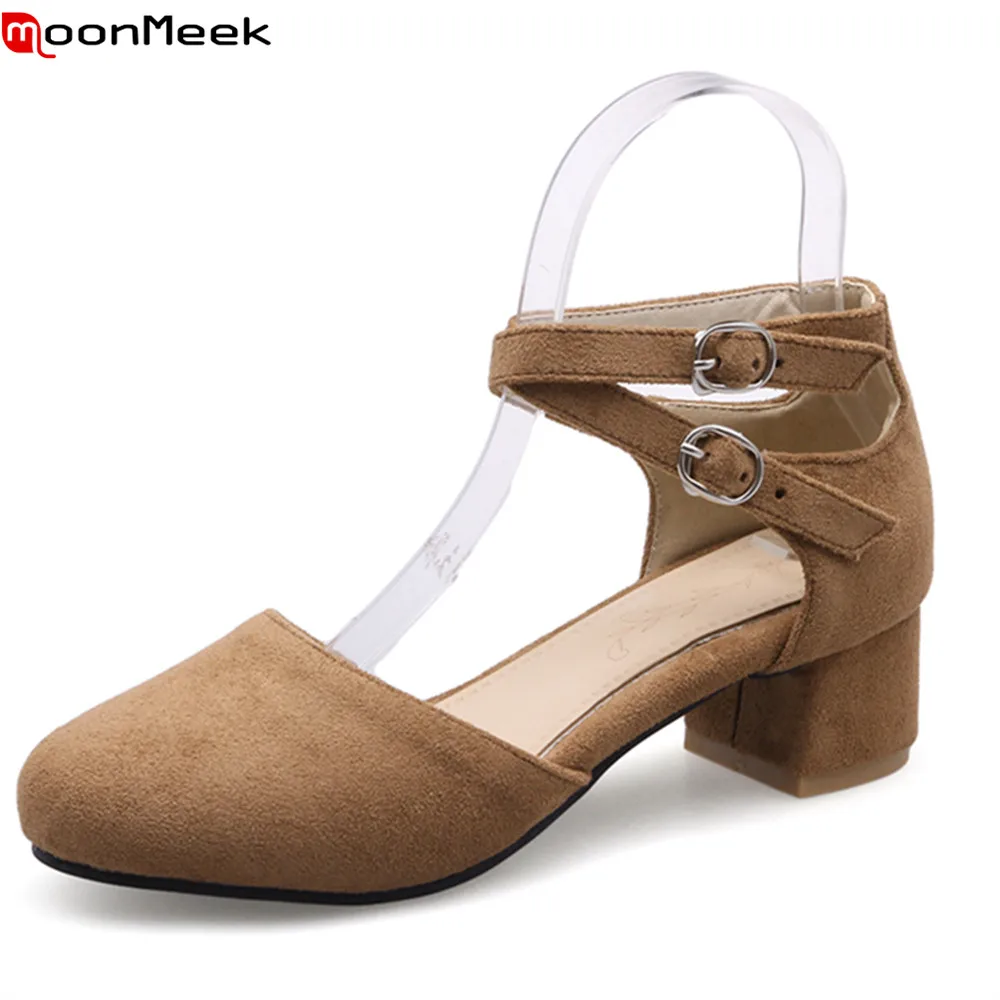 

MoonMeek new fashion 2018 elegant pumps women shoes with buckle high heels simple round toe square heel mature woman shoes