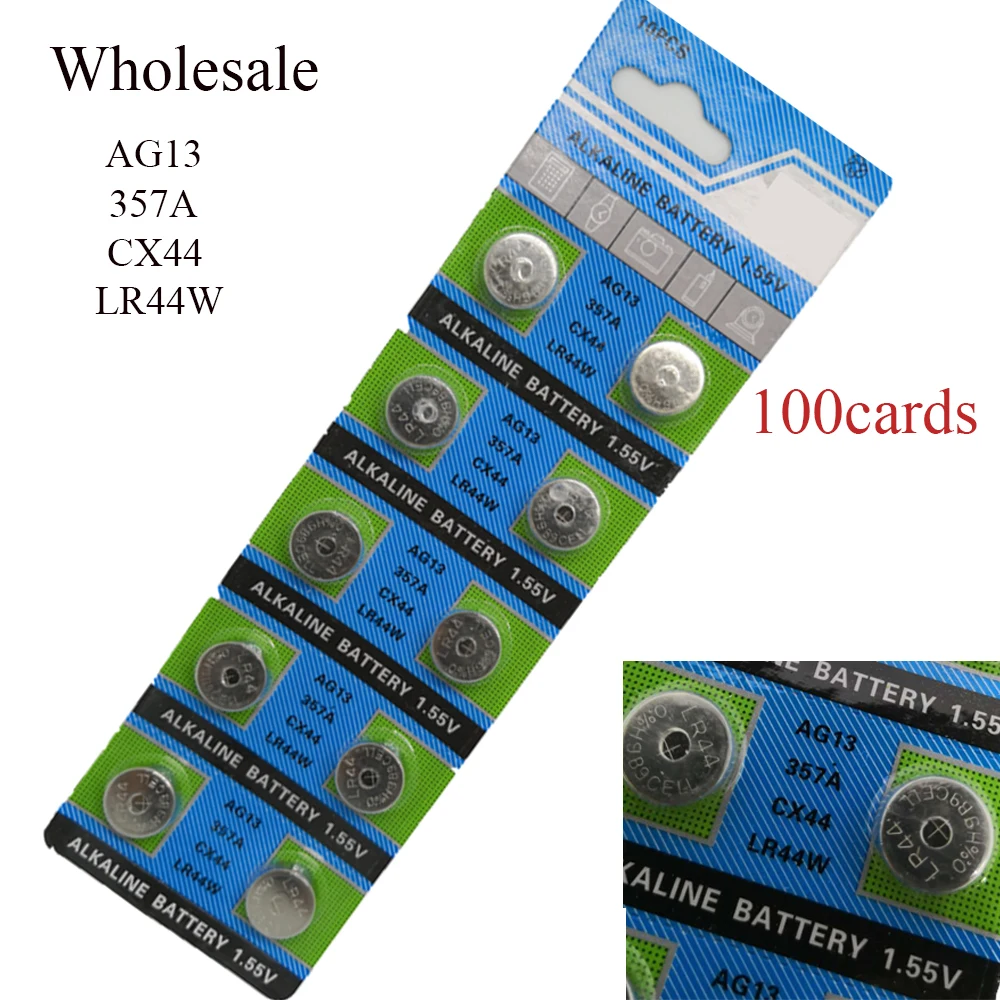 Оптовая продажа 100 карт (10 шт./лот = 1 карта) 55 V AG13 CX44 LR44W 357A литиевая кнопка батареи