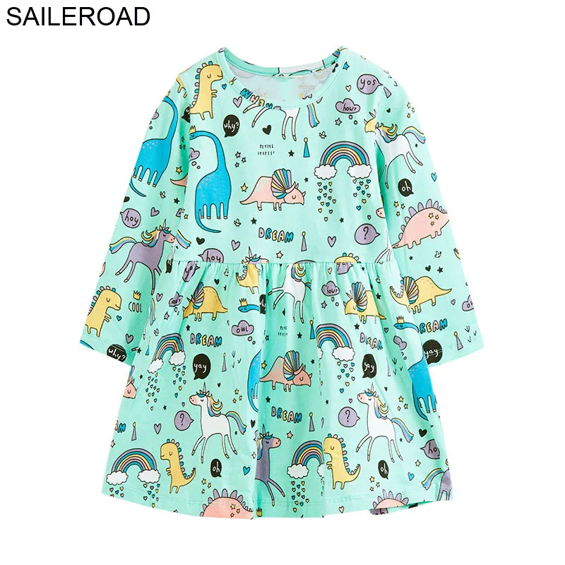 

SAILEROAD Little Girls Dresses Unicorn Print Autumn 2019 Cotton Pocket Dress Children Long Sleeve Clothes Kids Party Dress