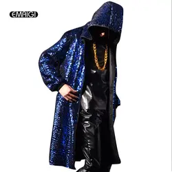 Для мужчин Тренч с капюшоном уличная мода кардиган пальто Для мужчин хип-хоп Рок длинные куртка-плащ ночной клуб stage панковский костюм K590
