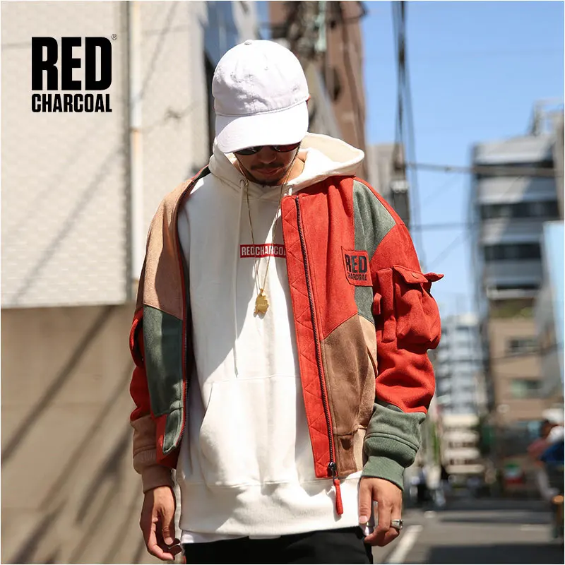 

Red Charcoal IADF171 Winter Suede Fabric Vintage Style Multicolor Splicing Short MA-1 Jacket Mens