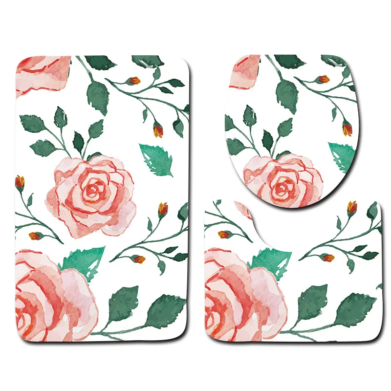

Floral 3pcs Bathroom Rugs and Mat Set Bath Rugs Bathmate Carpet Set 3D Toilet Mat Set Anti Slip Bedroom Blanket Bath Mats