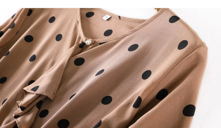 Женская шелковая блузка, натуральный шелк, креп, в горошек, с принтом, блузка, рубашка с коротким рукавом,, весна-лето, рубашка Карамель
