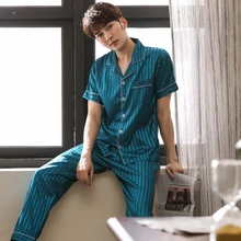 Новейший Летний мужской шелковый пижамный комплект с коротким рукавом и отложным воротником, свободный, плюс размер, Мужская одежда для сна, короткий топ+ длинные штаны