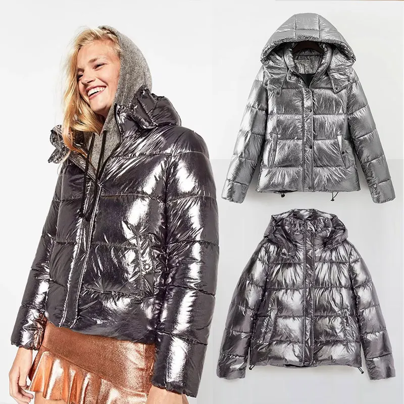 

2018 New Hot Metal colour Women winter jackets Short warm coat Silver Sale reflect light bread style ladies parka thicken dames