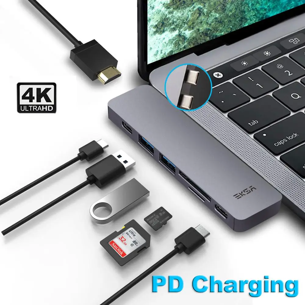 

EKSA Thunderbolt 3 USB C Hub to HDMI 4K Type C Hub Adapter with PD USB3.0 Port for MacBook Pro2016/2017/2018/Air 2018 7 In 1 HUB