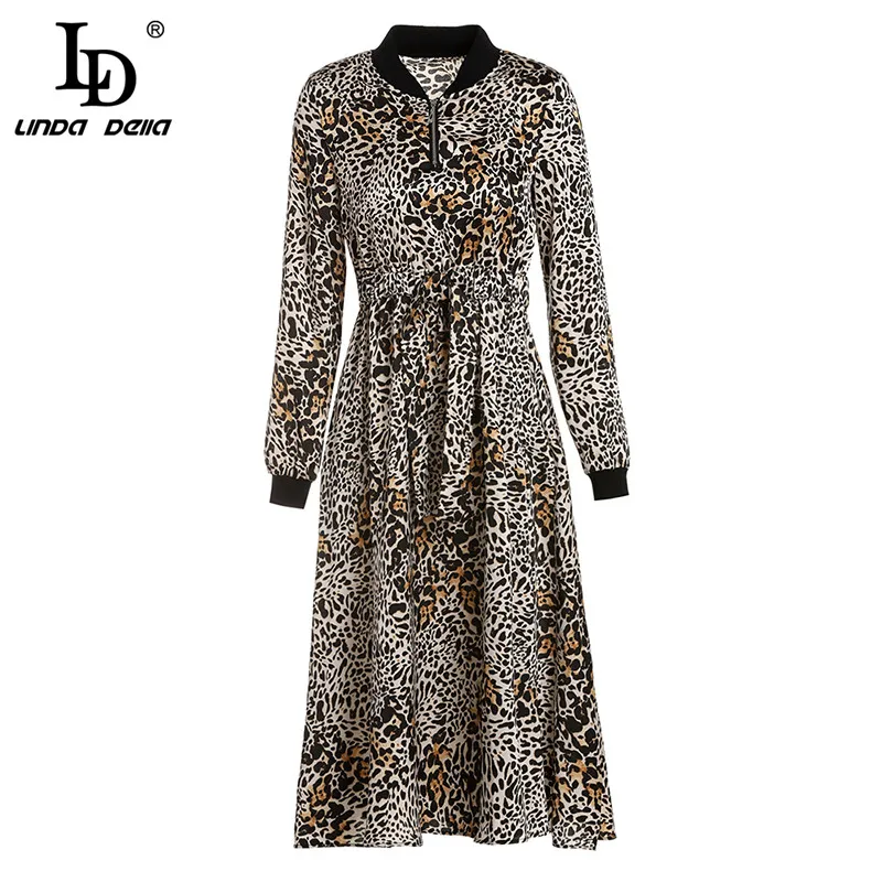 

LD LINDA DELLA 2019 Spring Fashion Runway Designer Dress Women's Long Sleeve Sexy Leopard Print Dress Elegant Party Dresses