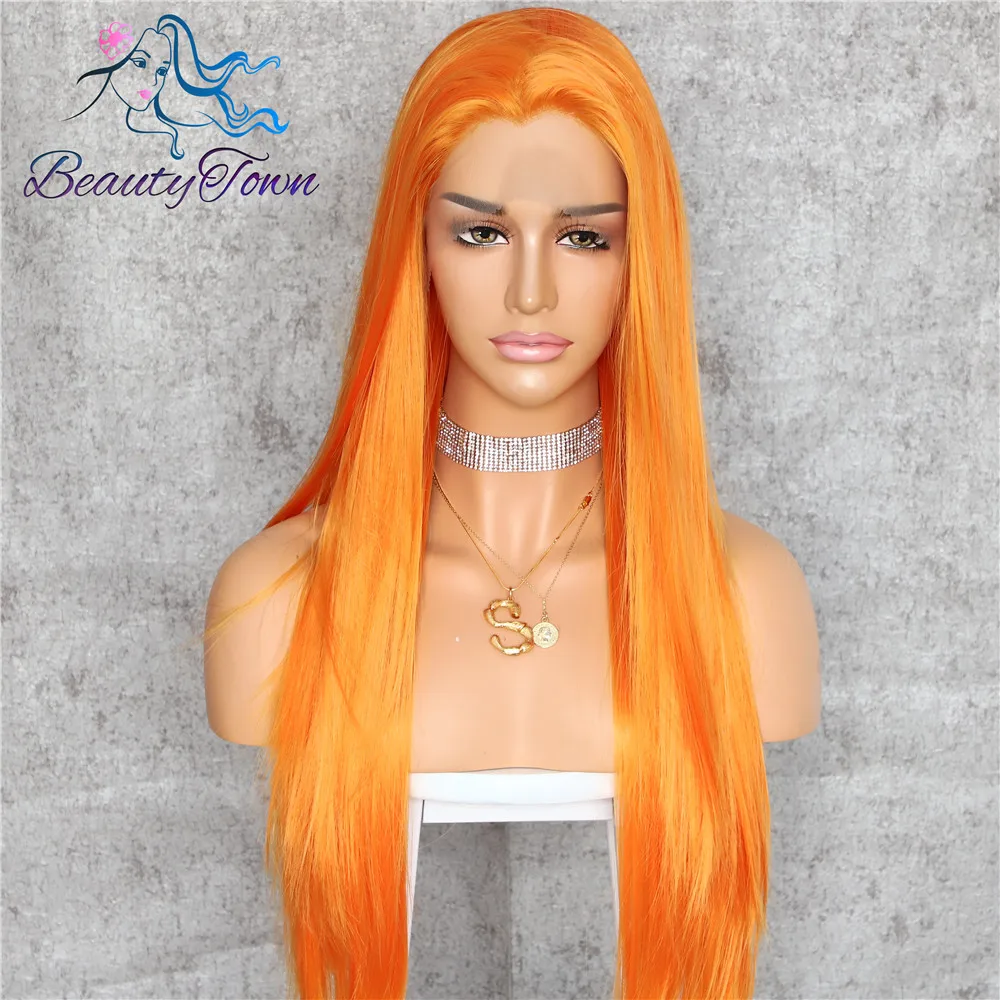 BeautyTown HandTied White Orange Red 1B Heat Resistant Straight Cosplay Celebrity Girl Wedding Party Synthetic Lace Front Wig