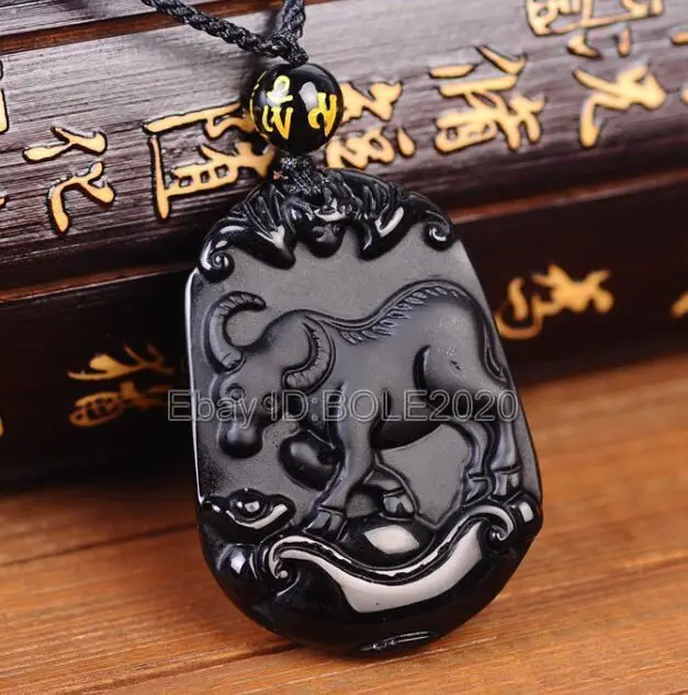 free shipping Natural Black Obsidian Carved Chinese Zodiac OX Lucky Pendant + Rope Necklace | Украшения и аксессуары