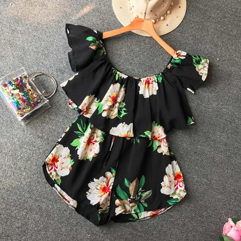 

Bohemian 2019 Ruffles Off Shoulder Jumpsuit Floral Print Casual Sexy Women Boho Playsuit Summer Beach Short Holiday Romper