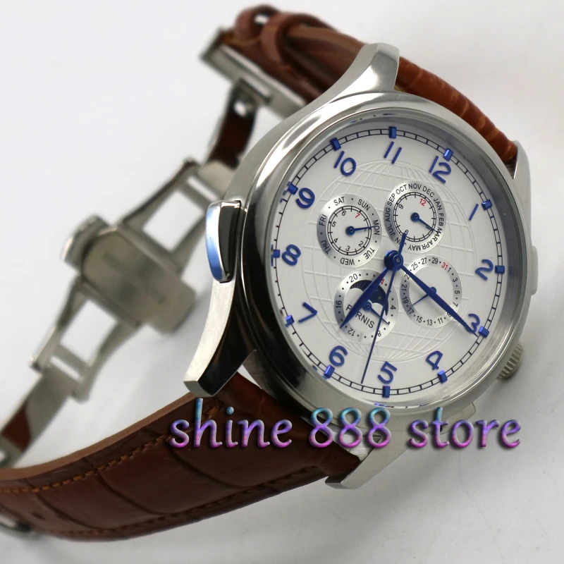 

Parnis 44mm White dial Brown strap Moon Phase Multifunction deployment clasp Automatic movement men's watch