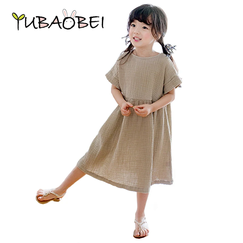 Летнее свободное хлопковое однотонное Летнее Детское платье с короткими рукавами для девочек Одежда для маленьких детей в лаконичном стиле