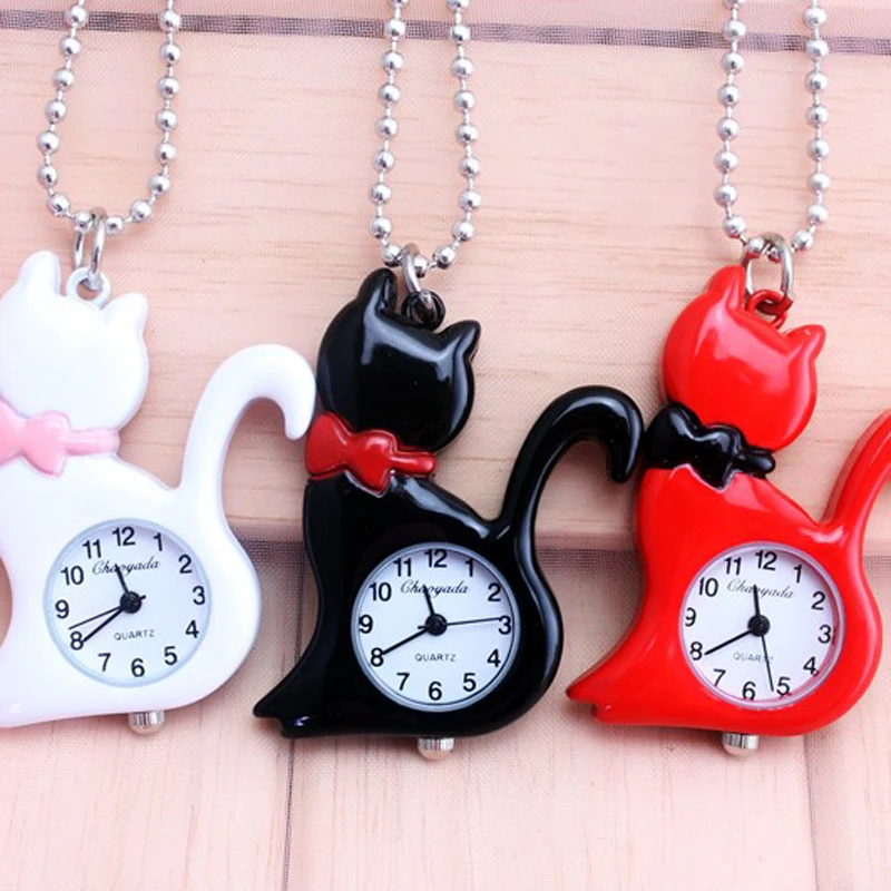 Chaoyada КВАРЦ cat карманные часы ожерелье женщина fob часы черный круглый выпуклая линза стекло картина леди