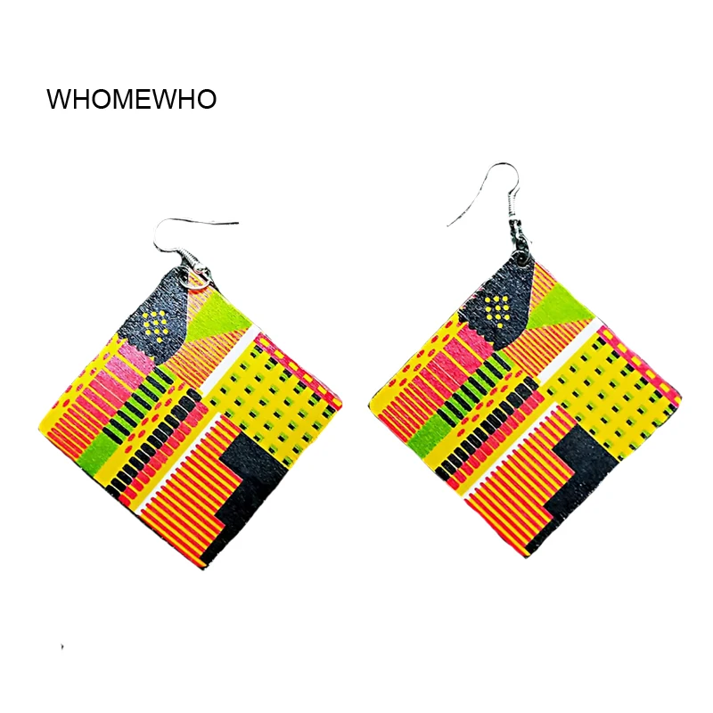 

Colorful Natural Wood Square Geometric Painting Africa Tribal Earrings Vintage African Wooden DIY Party Club Jewelry