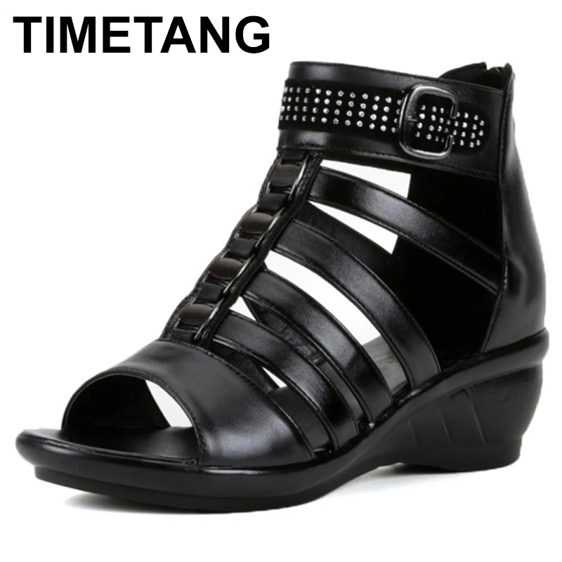 

TIMETANG Plus Size Women's Wedge Sandal High Heel Sandals Woman Sandals For Ladies Womans Summer Shoes 2018 Genuine Leather