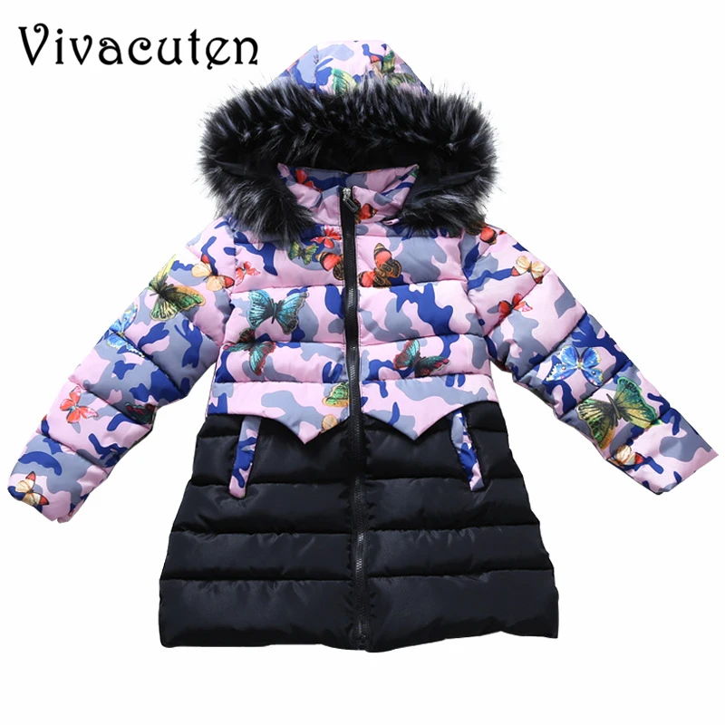 

Girls Winter Coat Teens Children Hooded Warm Thick Parka Overcoat For Kids Fur Collar Filling Cotton Butterfly Pattern Jackets