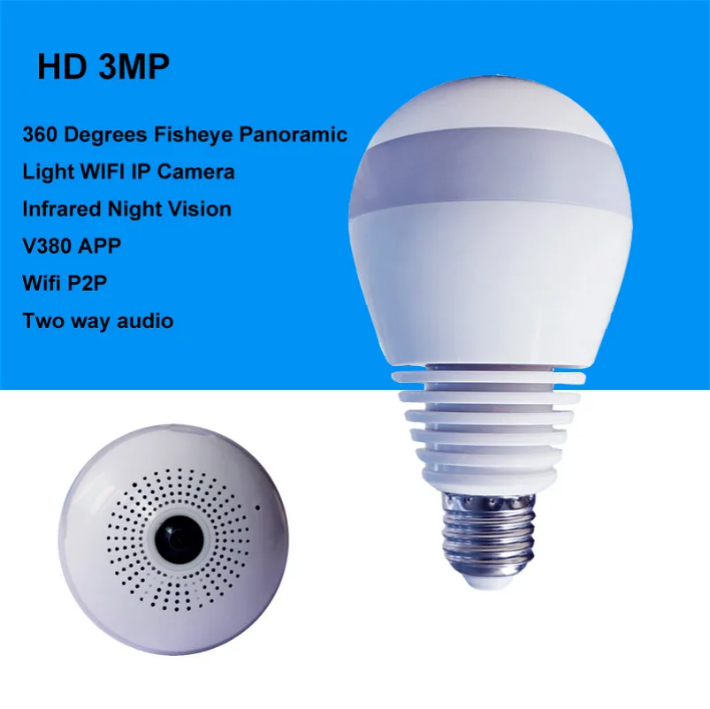

New 3MP Infrared Night Vision Lamp Panoramic FishEyes Bulb Light Wireless IP wifi Camera Support 64G TF Card