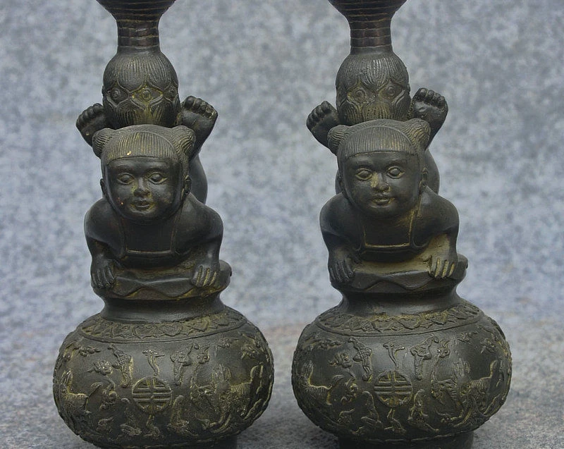 

8" Old China FengShui Bronze Kid Girl Bats Kylin Candle Holder Candlestick Pair