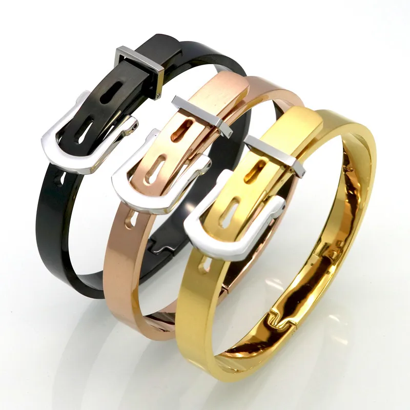 Роскошные стильные новые модные мужские/женские браслеты из нержавеющей стали для женщин золотого цвета Регулируемая пряжка для ремня браслеты и браслеты
