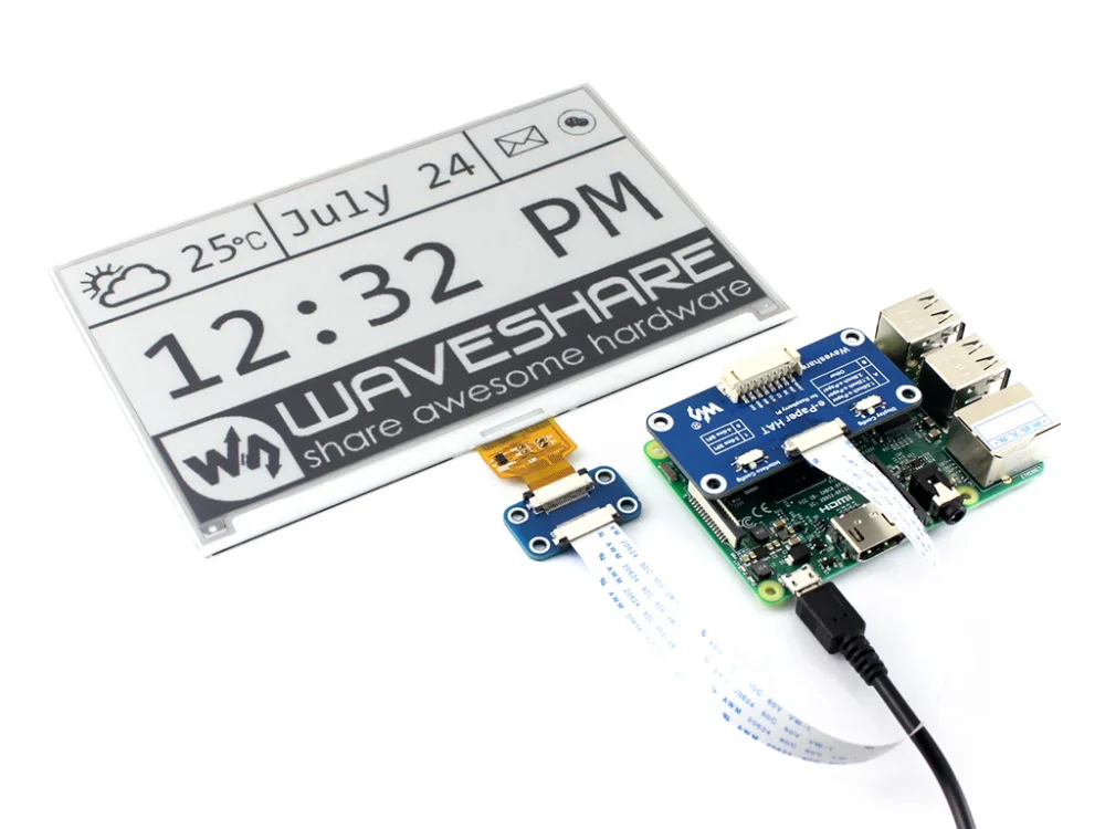 7.5inch E-Ink display HAT 640x384 E-paper Module Black White Two-color SPI No Backlight for Raspberry Pi 2B/3B/3B+/Zero/Zero W