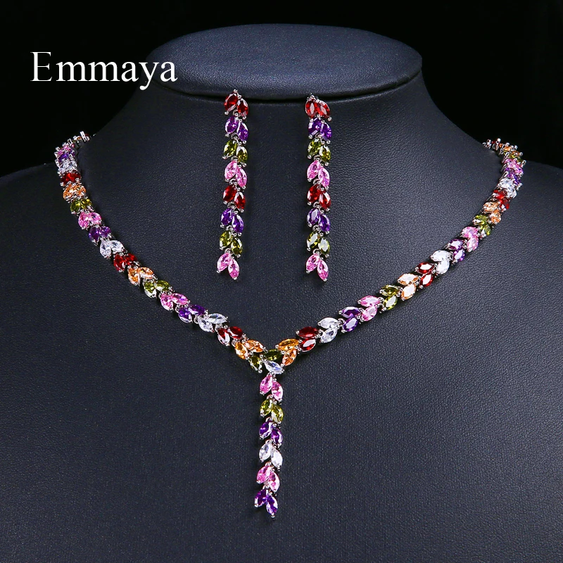 Prix Emmaya luxe coloré étincelles cubique Zircon goutte boucle d oreille collier lourd fête bijoux ensemble de mariage robe de mariée cadeau