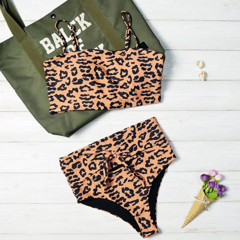 

Womens Sexy Two Piece Bikini Set Vintage Leopard Swimsuit Bandeau Tops High Waist Cutout Tie Knot Front Bottoms Bathing Suit