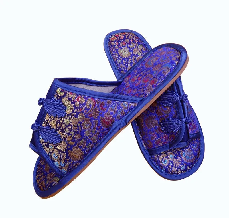 New Comfort Blue Chinese Handmade Silk Satin Women'S/ Mens Shoes Slippers 