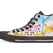 Дышащие Повседневные высокие парусиновые кроссовки на шнуровке с рисунком лисы в зимнем лесу