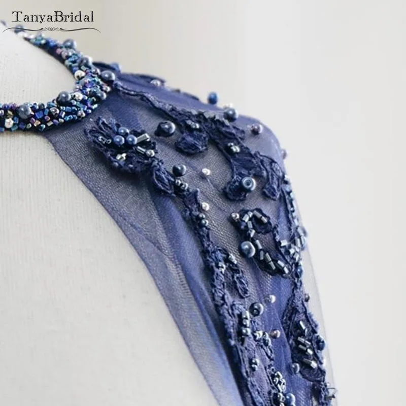 Blue Tulle Wedding Cape Gorgeous Beaded Pearls Lace Elegant Women Formal shawl Long Jacket DJ010