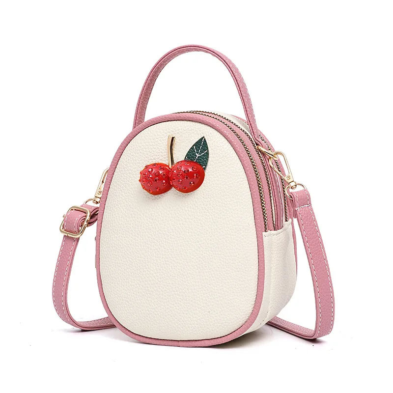 

Summer Ladies Sweet Korean Style Diamonds Cherry Famous Designer Teenager Girls Small Zipper Around Shell Bag Pink Princess