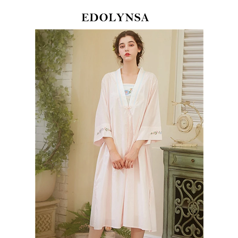 

Elegant Robe Gown Set Women Sleepwear Cotton Bathrobe Peignoir Set Vintage Nightgown Kimono Pink Negligee Autumn Home Wear H744