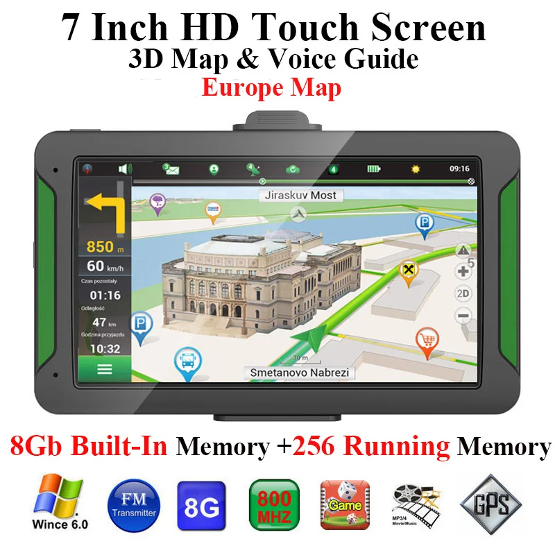 Navegador Gps para coche Pantalla de prensa Hd de 7 pulgadas 8 Gb de memoria incorporada + 256 MB de memoria de conducción de navegación Europa mapa