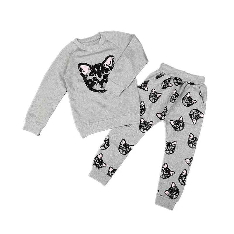

2019 New Girl Long Sleeve Cat Print Set Children's Sweater+Harlan Pants Two-Piece Suit Kids Clothing Baby Girl Clothes For 2-6Y