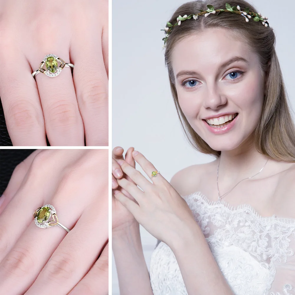 JewelryPalace Luxury 1.3ct Genuine Gemstone Peridot Ring Heart Two Colors 925 Sterling Silver Fine Jewelry For Women Gift Trendy
